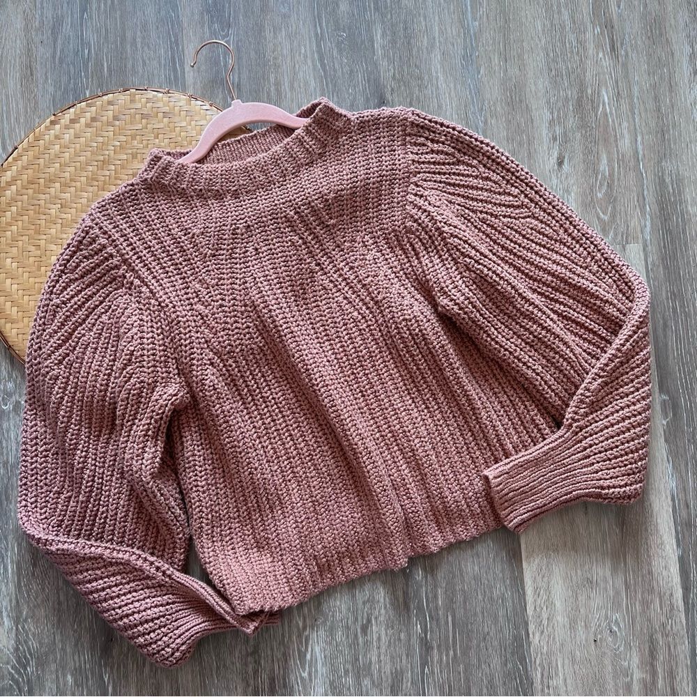 Margaret O’Leary muted pink chunky knit sweater puff sleeves women’s size S